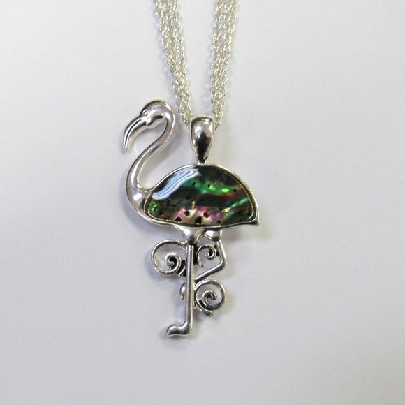 Silver Plated Abalone Shell Flamingo Charm Necklace Pendant - Picture 4 of 6